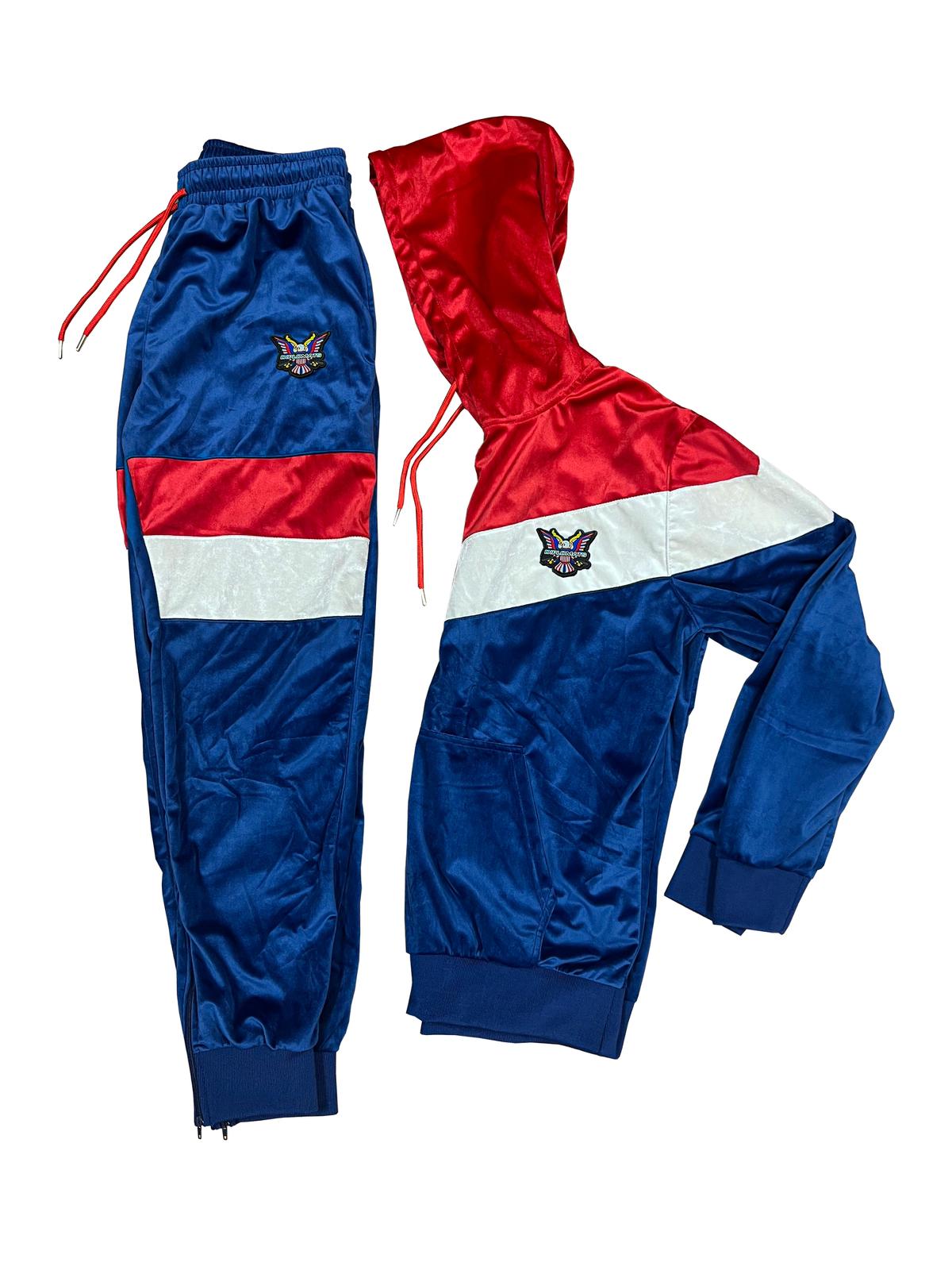 Velour Hooded Suit Blue/Red